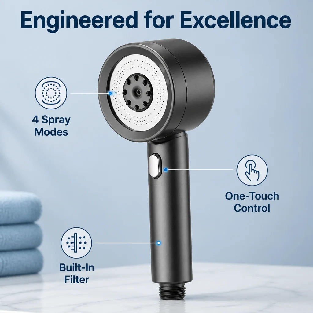 Hydroniva™ 4-Mode Shower Head — high-pressure handheld shower head with multiple spray modes